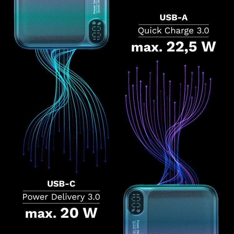 KM0908 Krüger&Matz 40000mAh Power Bank, gyors töltés, QC3.0/PD 20W (Li-Ion)